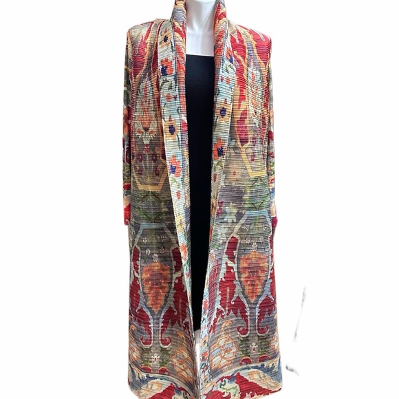 Colorful Pleated Open Abaya Long Cardigan with Belt - Picture 1 of 5